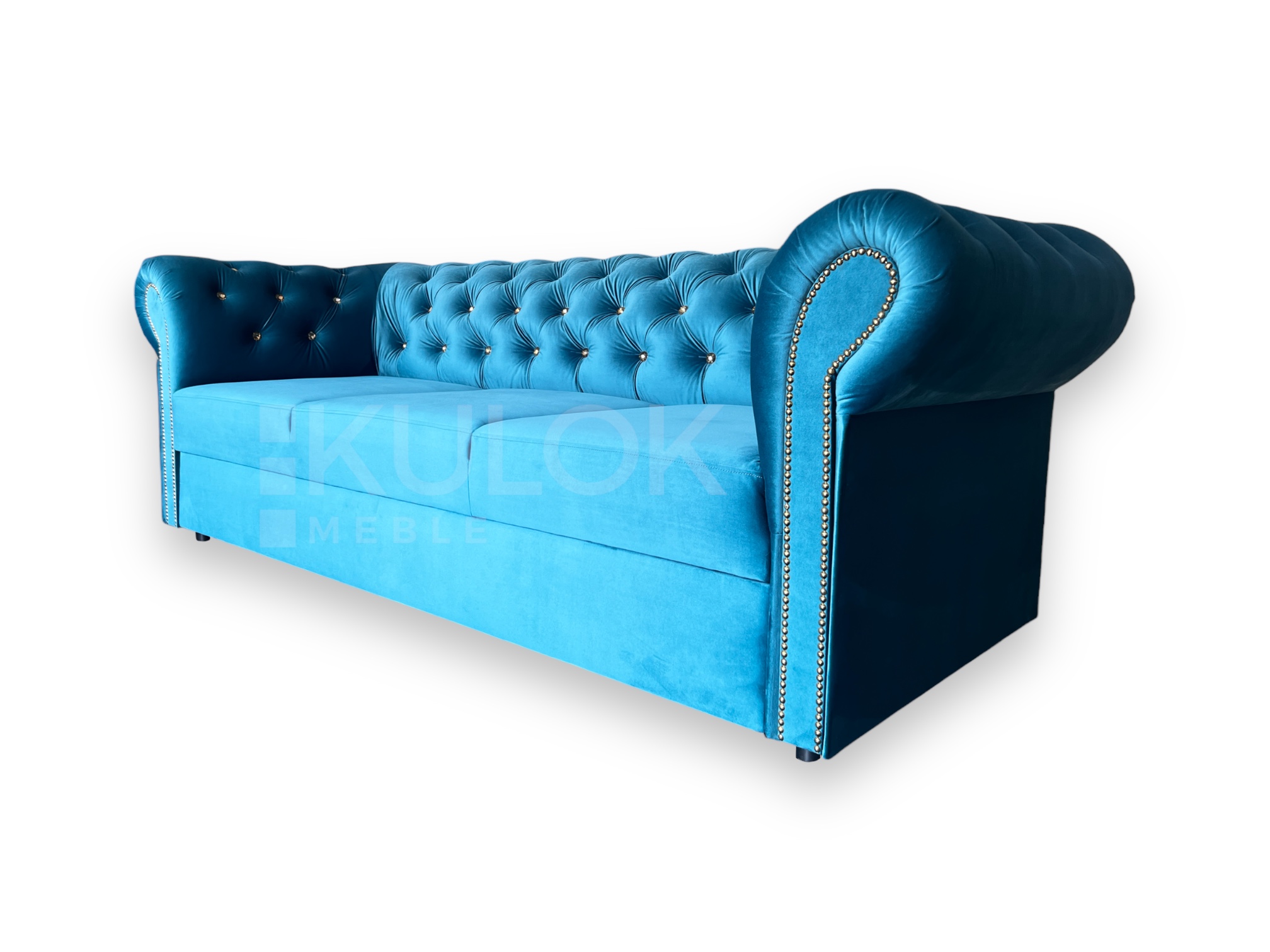 Designerska sofa chesterfield niebieska pikowana kryształy złote w stylu nowoczesnym glamour 